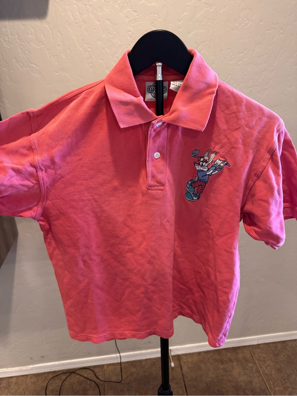 ACME Coral Pink Polo with Embroidered Bugs Bunny Playing Golf Patch